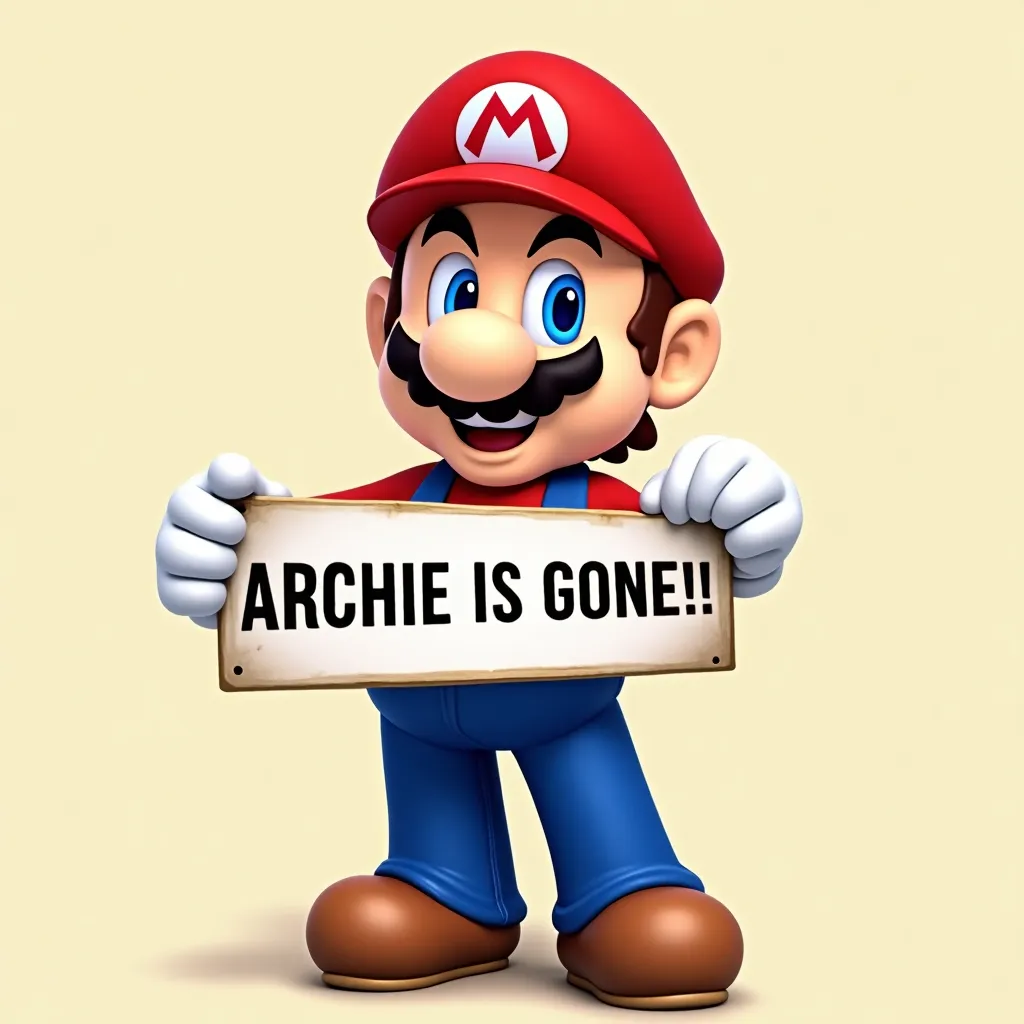 Super mario holding a sign saying: "ARCHIE IS GONE!!", Happy