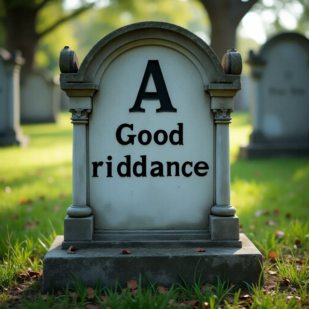 a gravestone with the letter: "A" on it with text saying: "Good riddance"