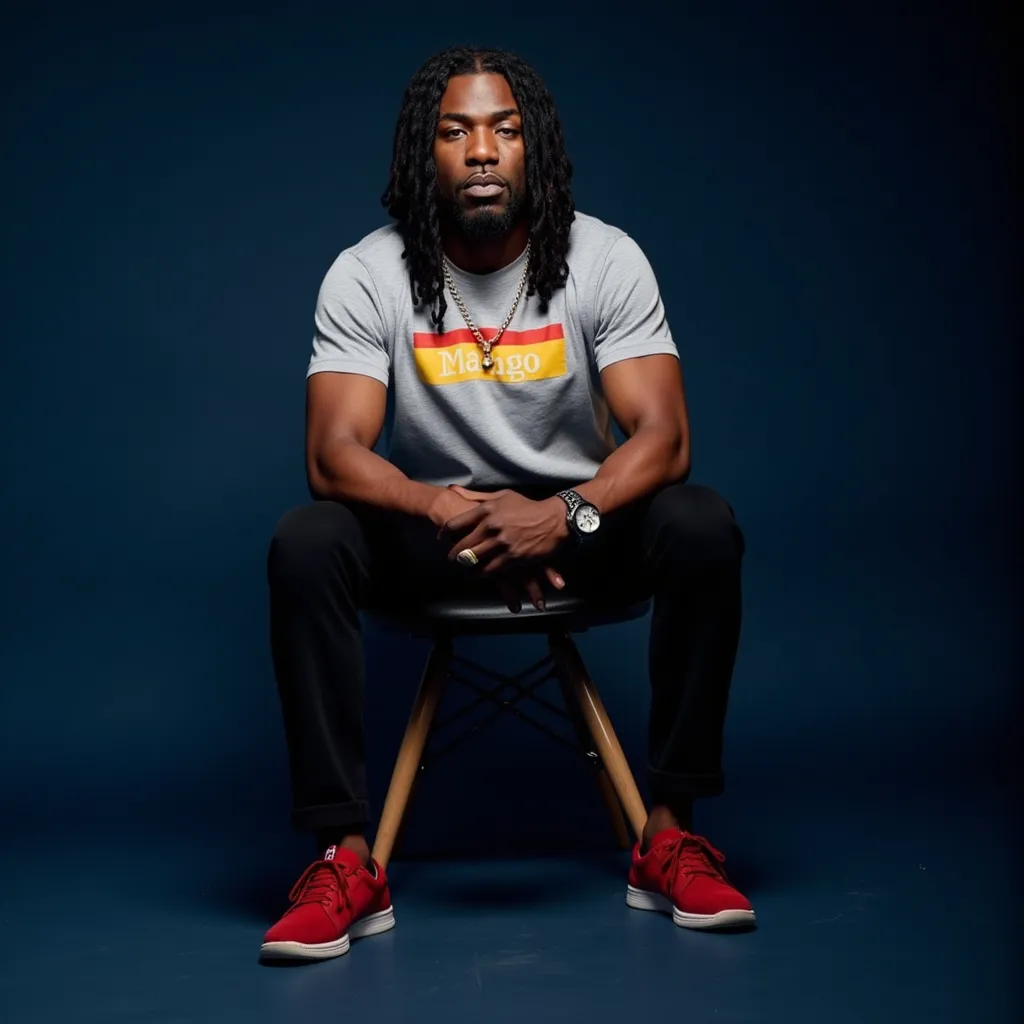 Gazo with longest Twitter hair grey shirt with mangos black pants red shoes sitting on chair in dark blue background serious expression