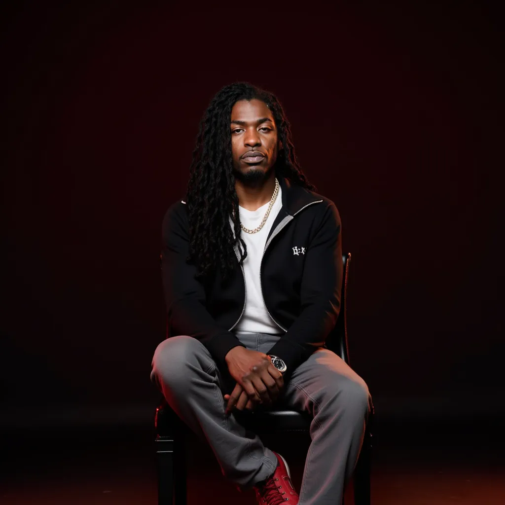 Gazo with longest twisted hair white shirt black jacket grey pants red shoes sitting on chair in dark rrd background serious expression