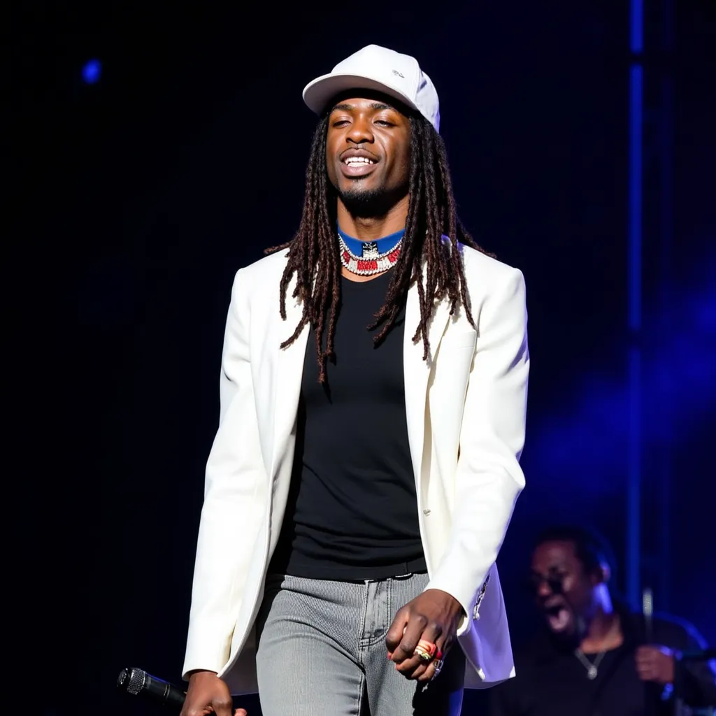 Gazo with longest twisted hair white cap black shirt white blazer blue choker with spicy red collar grey short black shoes singing happy and walking with microphone on hand in stage in Paris France