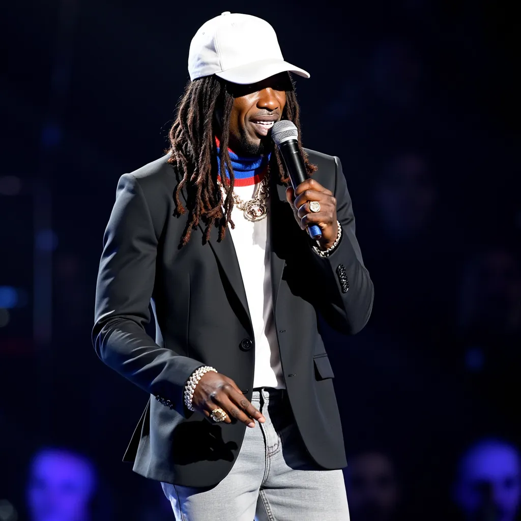 Gazo with longest twisted hair white cap black shirt white blazer blue choker with spicy red collar grey short black shoes singing happy and walking with microphone on hand and mouth in stage in Paris France