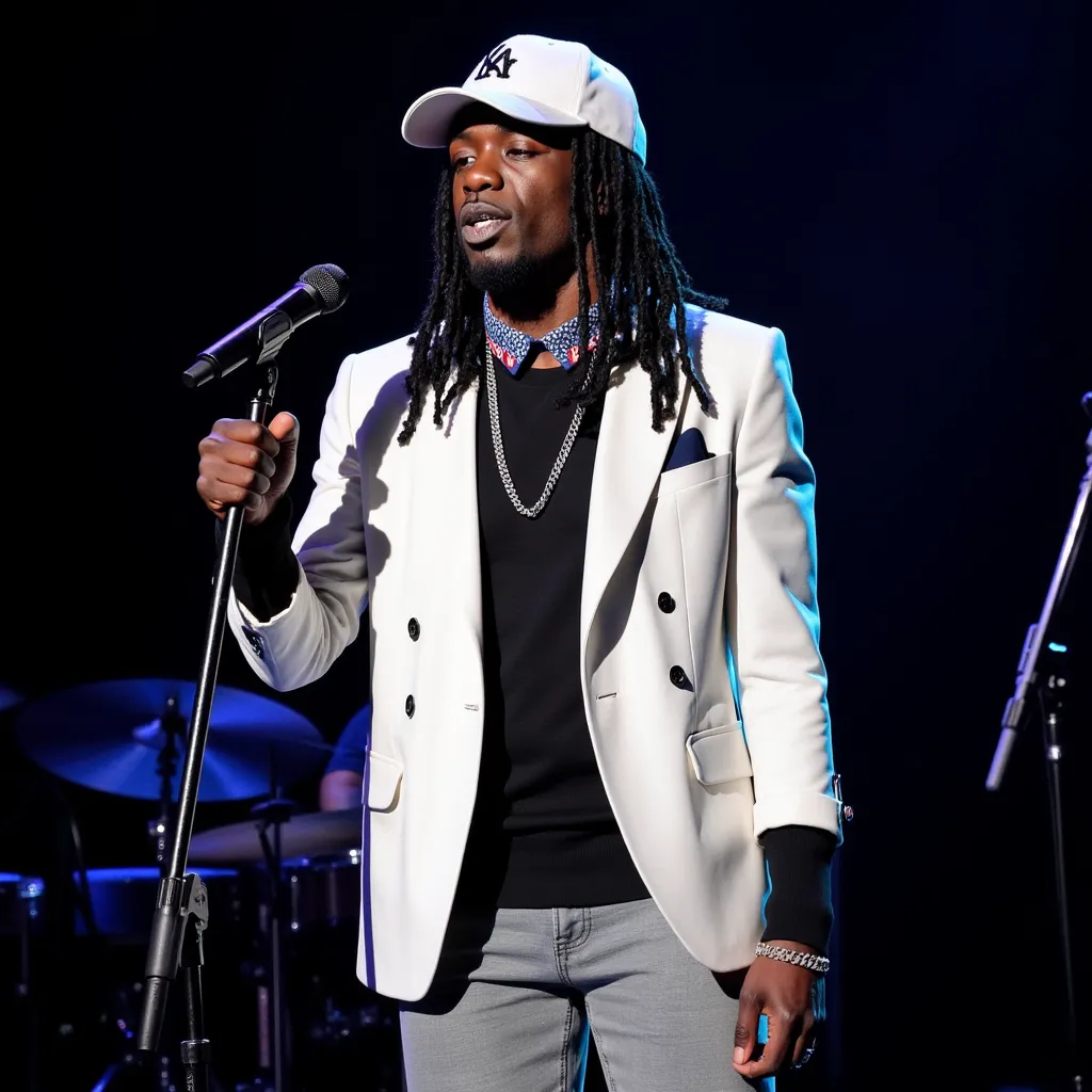 Gazo with longest twisted hair white cap black shirt white blazer blue choker with spicy red collar grey short black shoes singing with microphone on tripod in stage in Paris France