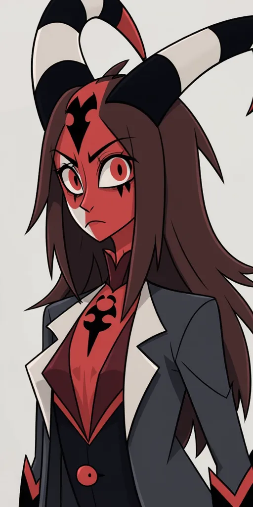 Blitzo, blitzo as a female, with brown hair, skin red with white patches/scars and black and white horns, with a grey jacket, and black eyelashes
