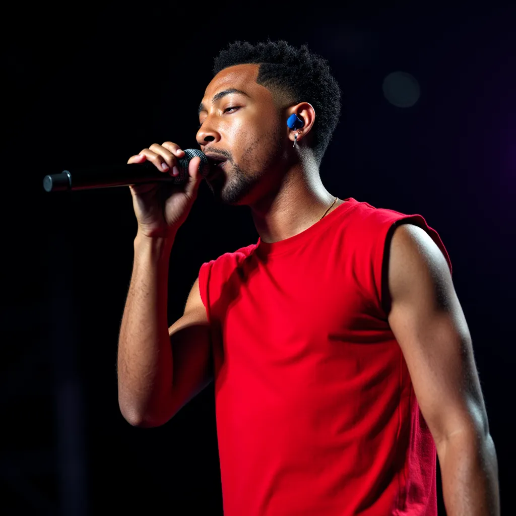 Jacob Latimore with red sleeveless shirt with headset ear microphone He appears singing and walking in stage in New York