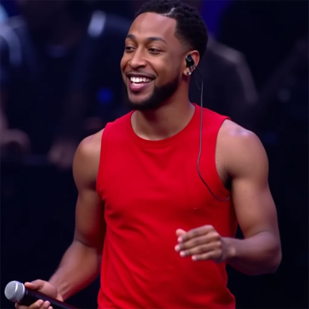 Jacob Latimore with red sleeveless shirt with headset ear microphone He appears singing happy and walking  in with microphone up on stage in New York