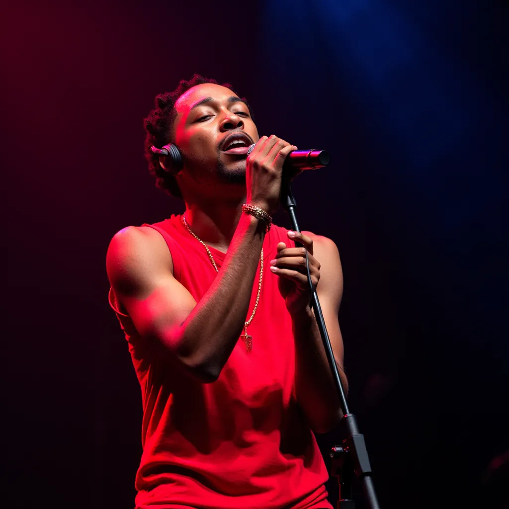 Jacob Latimore with red sleeveless shirt with headset ear microphone He appears singing in stage in New York microphone on tripod He appears singing with closed eyes