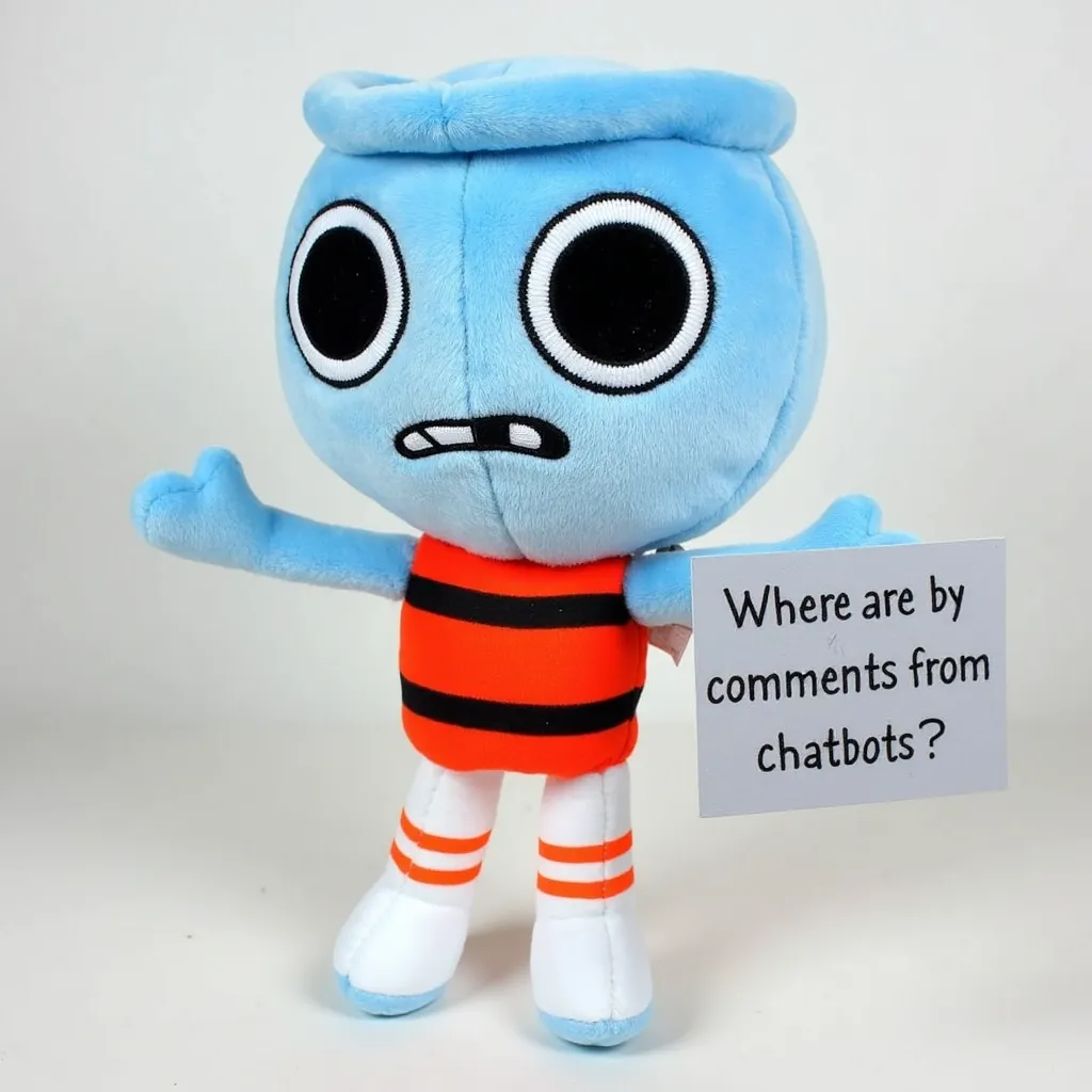 Finn the Fish Bowl from "Dandy's World" is depicted as a plush doll made of lot of fur with a blue fishbowl-shaped head, large round eyes, and a wide sad expression.wearing an orange and holding sign that reads "Where are the comments from chatbots?"Wearing an orange black vest.