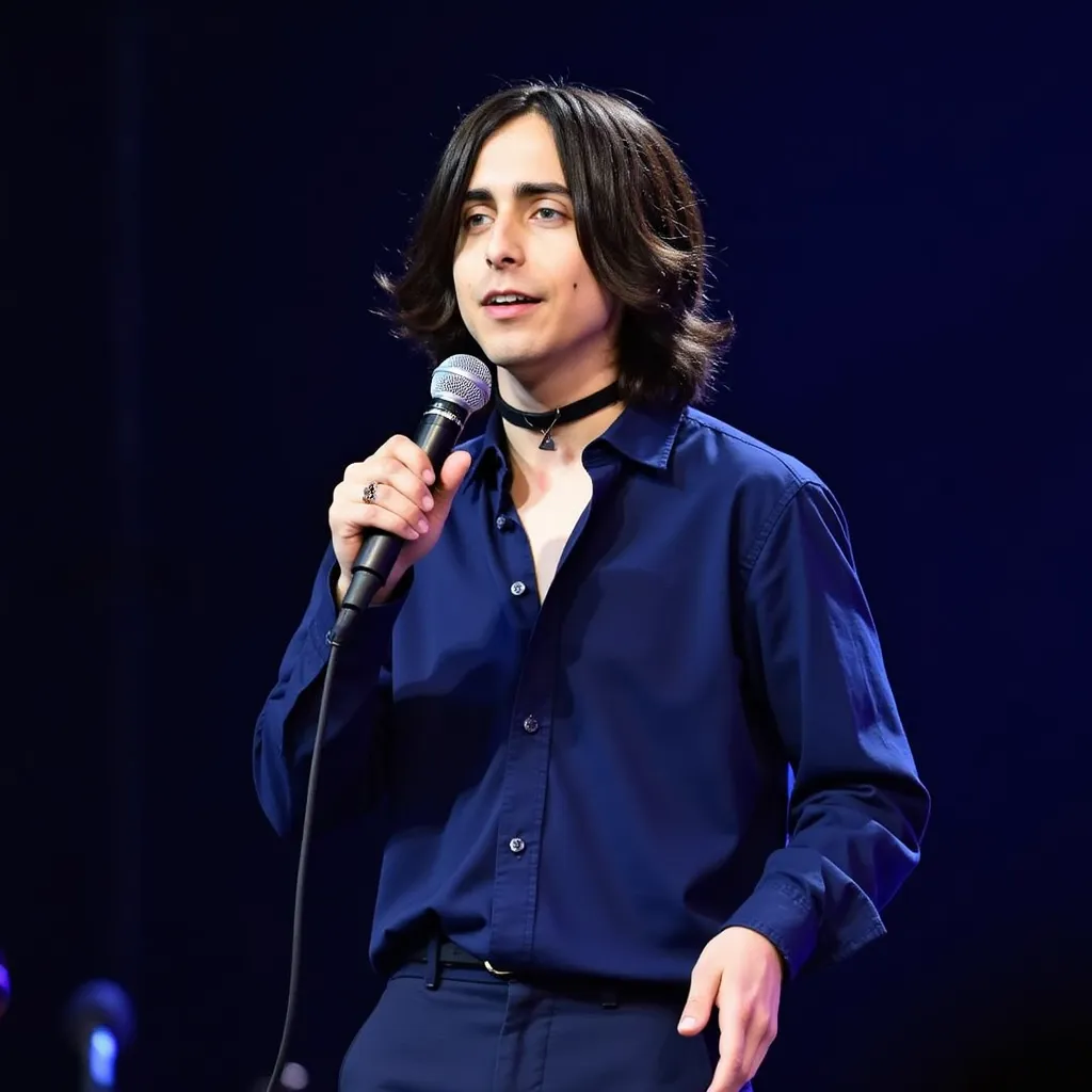Aidan Gallagher  with navy long hair Blue shirt black choker red cord black shoes He appears singing happy in stage in Sacramento  EUA with microphone up