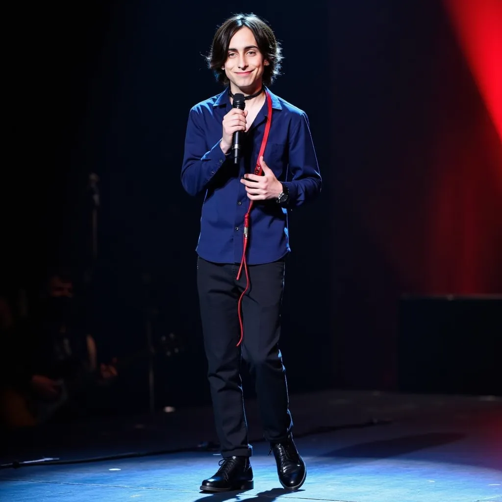 Aidan Gallagher  with navy long hair Blue shirt black choker red cord black shoes He appears singing smiling in stage in Sacramento  EUA