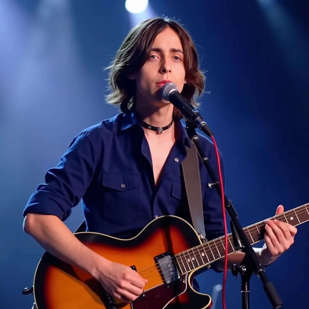 Aidan Gallagher  with navy long hair Blue shirt black choker red cord black shoes He appears singing happy  in stage in Sacramento  EUA microphone on tripod on your mouth  and guitar