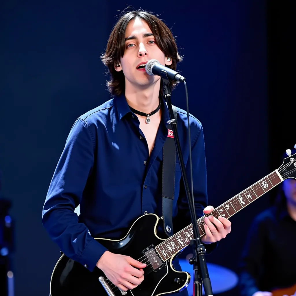 Aidan Gallagher  with navy long hair Blue shirt black choker red cord black shoes He appears happy  in stage in Sacramento  EUA microphone on tripod on your mouth  and guitar