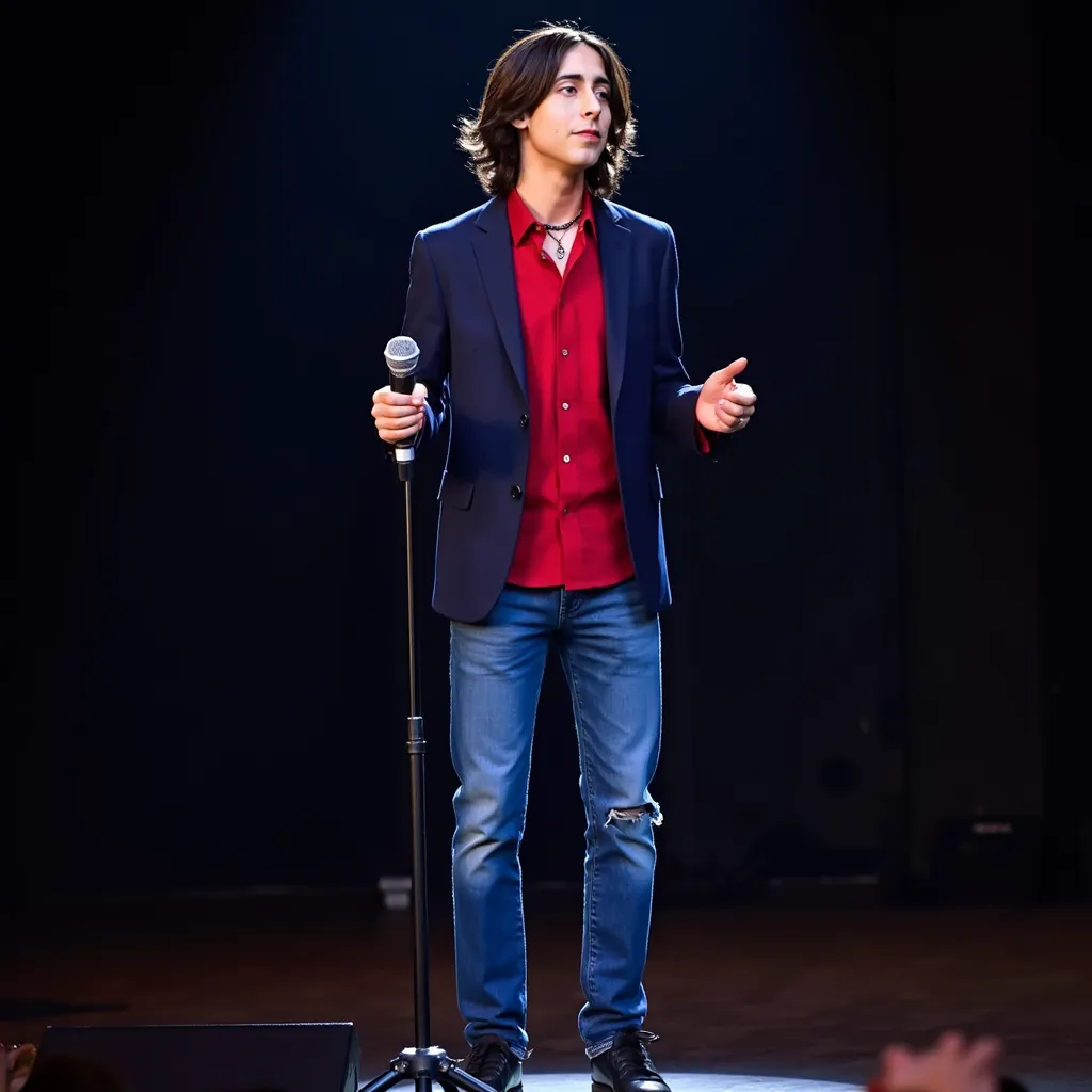 Aidan Gallagher with navy long hair red shirt blue blazer red cord black choker blue jeans pants black shoes singing in stage in California EUA microphone on tripod Aidan looking at crowd