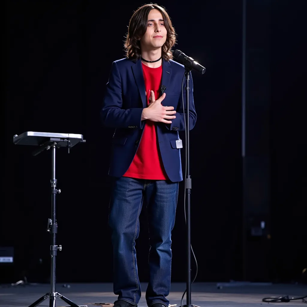 Aidan Gallagher with navy long hair red shirt blue blazer red cord black choker blue jeans pants black shoes singing in stage in California EUA microphone on tripod camera in Aidan's direction He with arms on chest