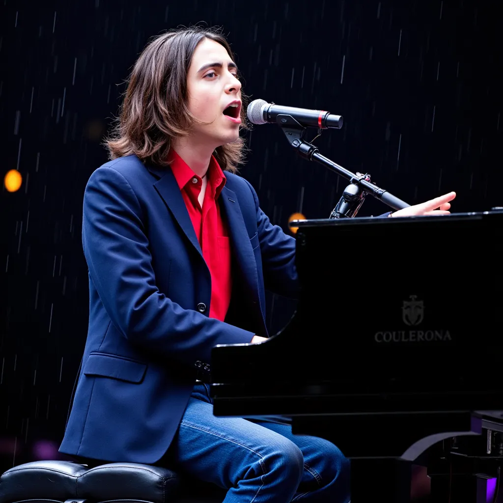 Aidan Gallagher with navy long hair red shirt blue blazer red cord black choker blue jeans pants black shoes singing in stage in California EUA on piano and microphone on tripod and mouth raining on stage