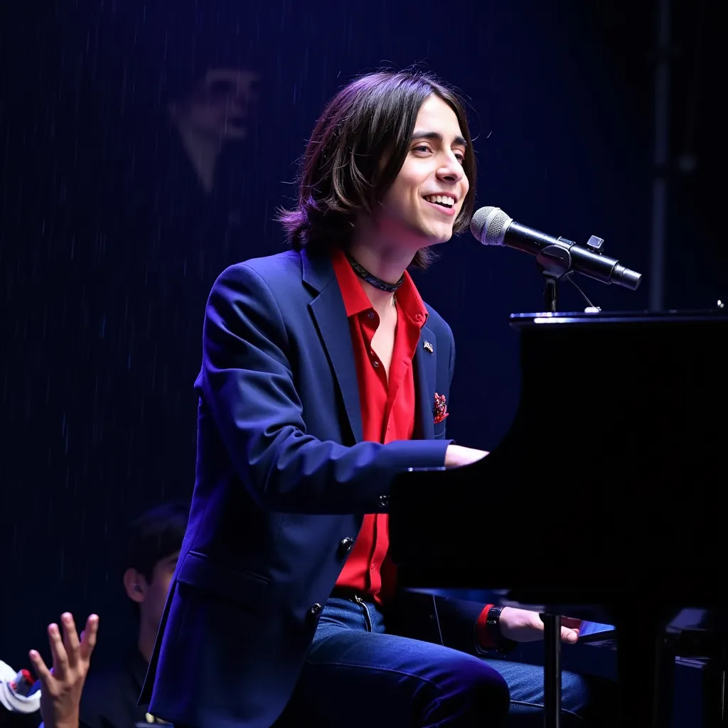 Aidan Gallagher with navy long hair red shirt blue blazer red cord black choker blue jeans pants black shoes singing in stage in California EUA on piano and microphone He looking at crowd smiling showing teeth raining on stage