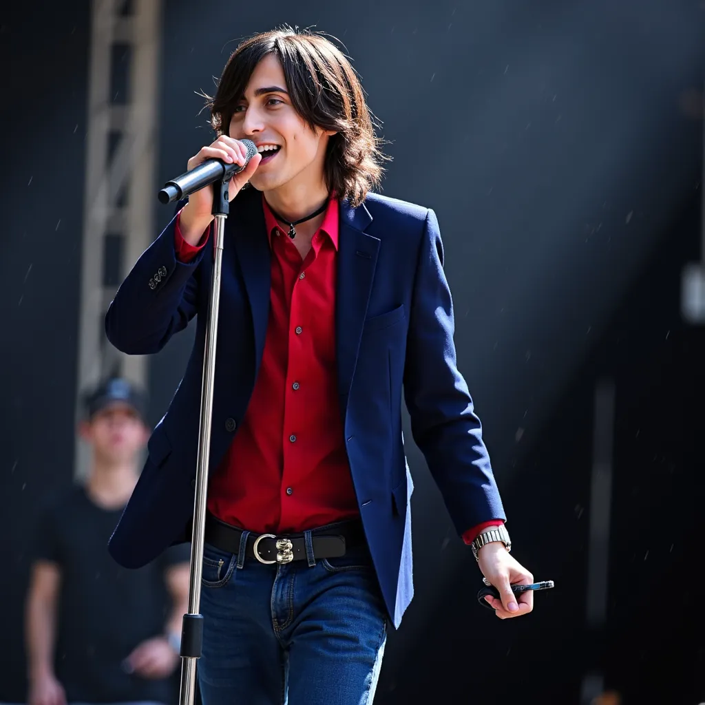 Aidan Gallagher with navy long hair red shirt blue blazer red cord black choker blue jeans pants black shoes singing happy showing teeth in stage in California EUA microphone on tripod raining on stage