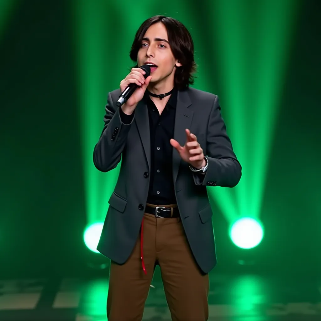 Aidan Gallagher with navy long hair black shirt grey blazer black choker and red cord black shoes brown pants singing with microphone on your hand in VEVO stage in green