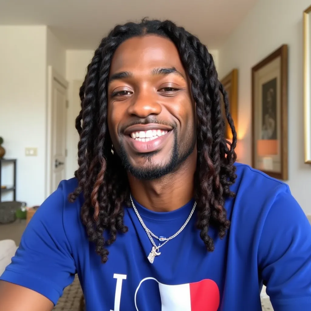 Gazo with longest twisted hair blue shirt with I love France with France flag He appears smiling showing teeth in video call Interview