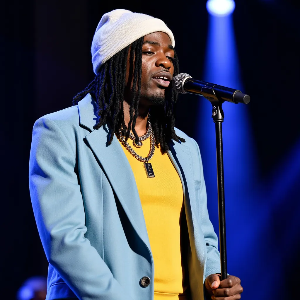 Gazo with twisted hair white beanie black cord black choker yellow shirt light blue blazer singing in stage in Toronto  , Canada with microphone on tripod