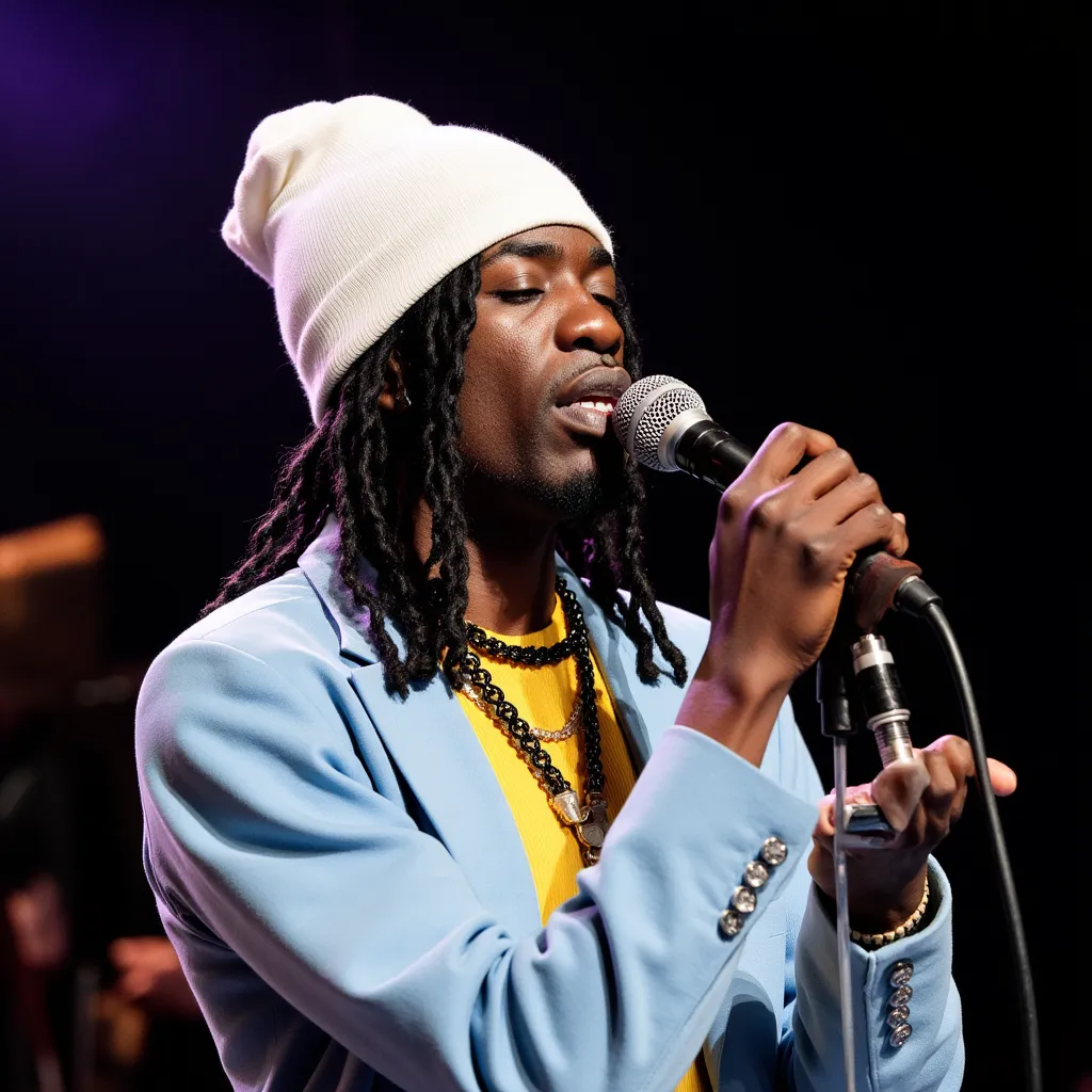 Gazo with twisted hair white beanie black cord black choker yellow shirt light blue blazer singing with eyes closed in stage in Toronto  , Canada with microphone on tripod