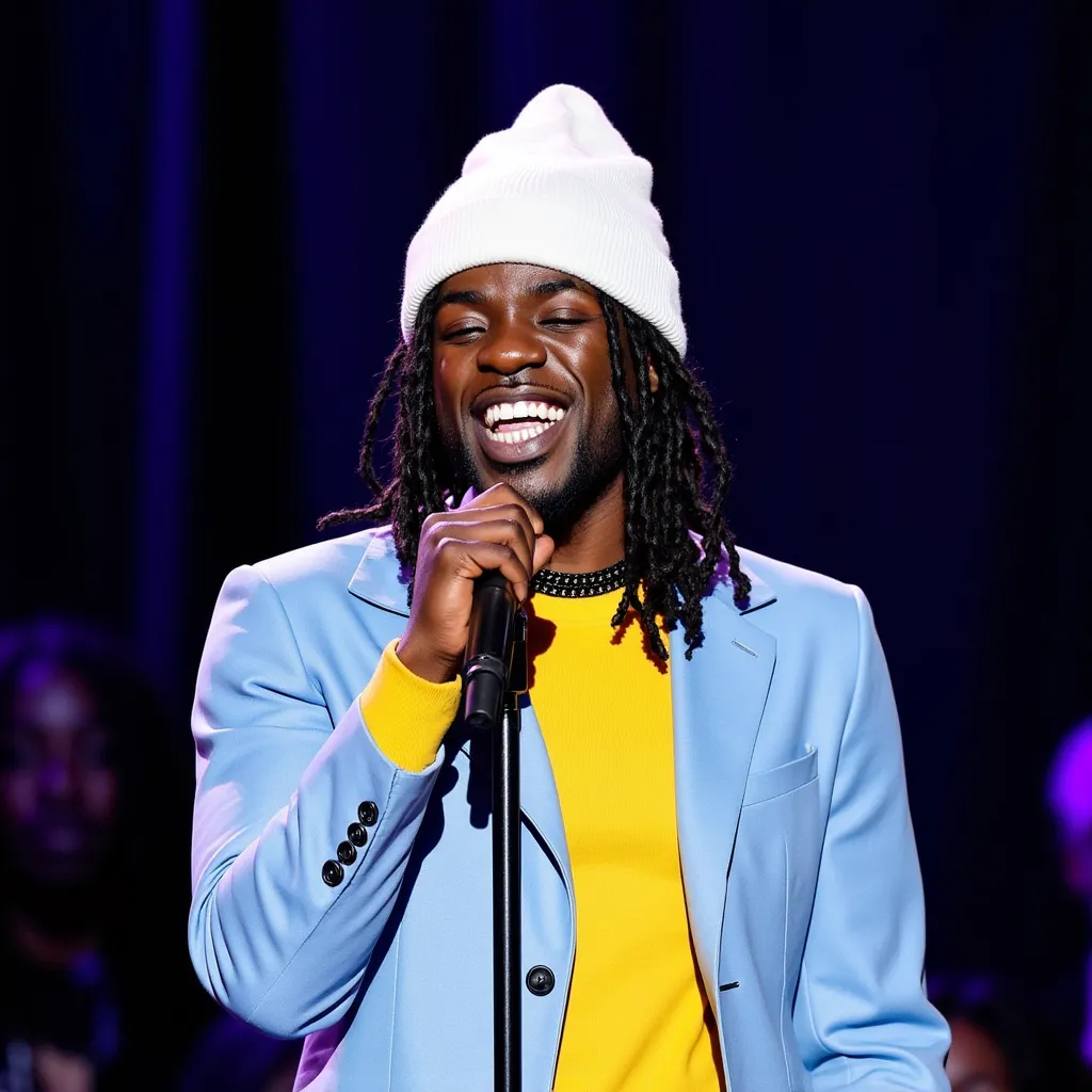 Gazo with twisted hair white beanie black cord black choker yellow shirt light blue blazer singing happy in stage in Toronto  , Canada with microphone on tripod