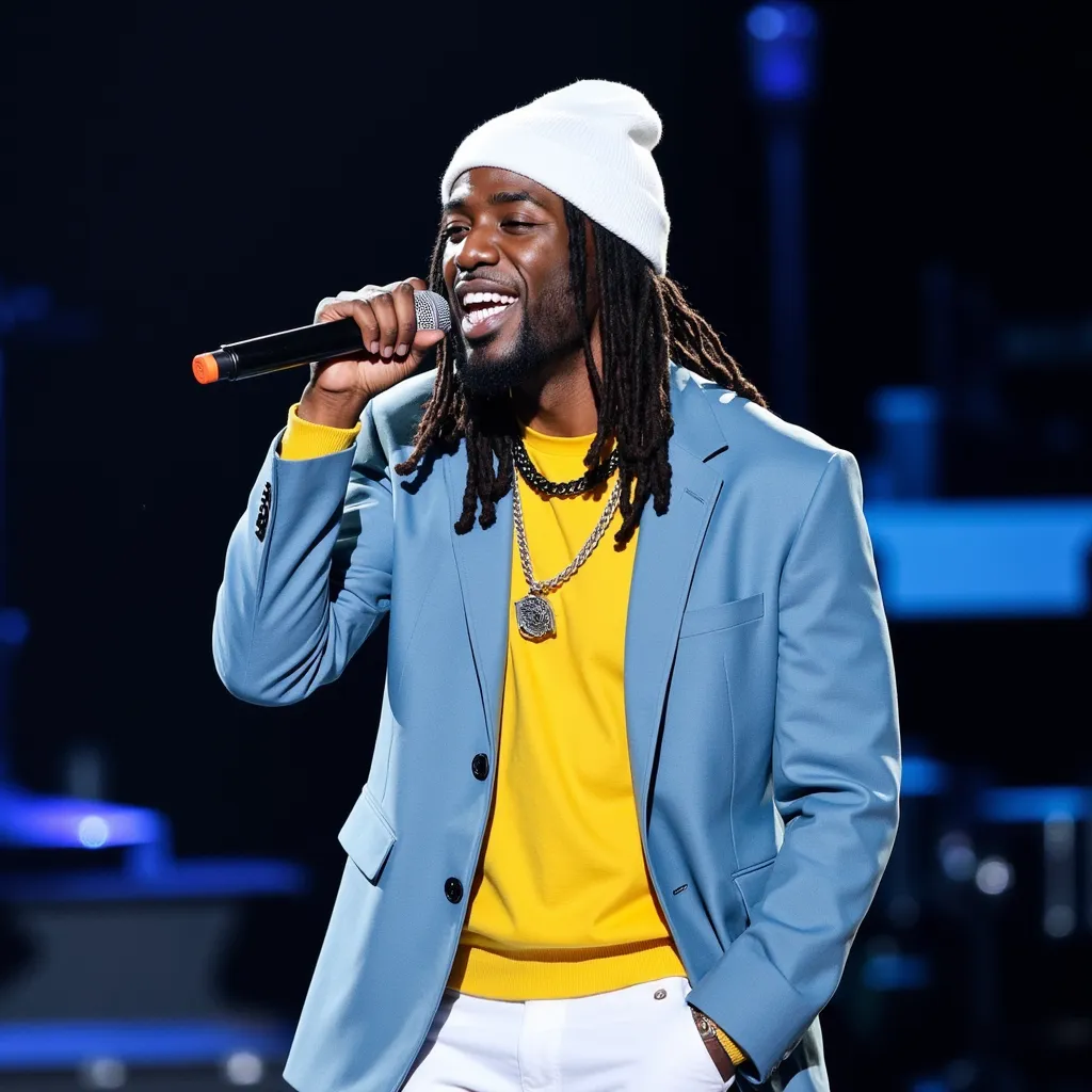 Gazo with twisted hair white beanie black cord black choker yellow shirt light blue blazer singing happy in stage in Toronto  , Canada with microphone on your hand and He walking on stage