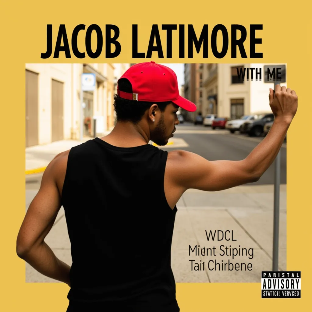 Jacob Latimore with black sleeveless shirt red cap to back  back the cap serious face in street He appears supported by a Hall  He appears with hand and arms supported in Hall  photo of Album Cover in light yellow Album Cover With Me with name Jacob Latimore in big letters
