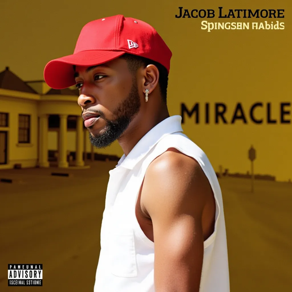 Jacob Latimore  with white sleeveless shirt red cap to back serious face in light yellow filter He supported by a Hall in street in Album Cover Miracle with name Jacob Latimore in big letters this the design  Album Cover