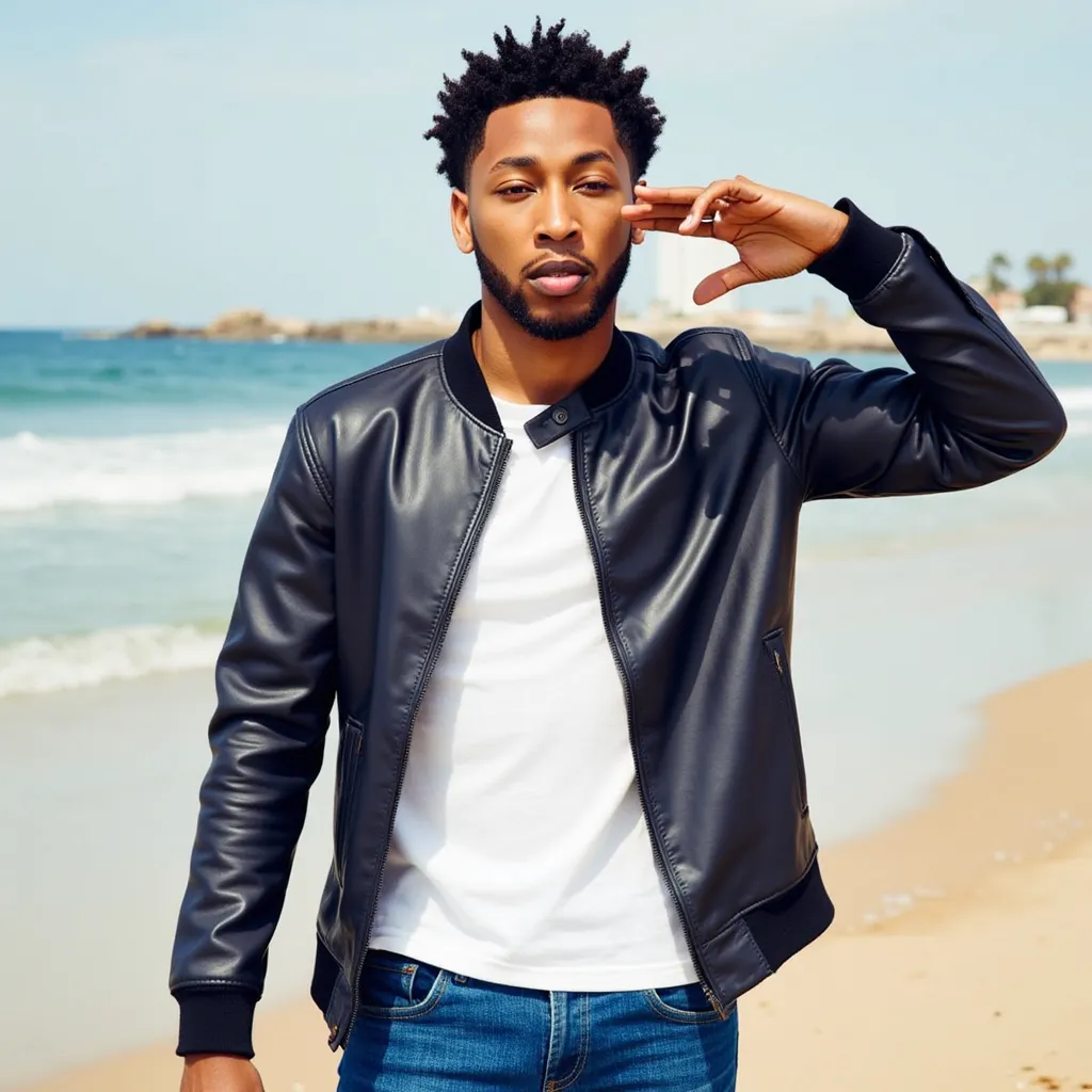 Jacob Latimore with regatta making salute with white filter in your face He wears blue jeans short