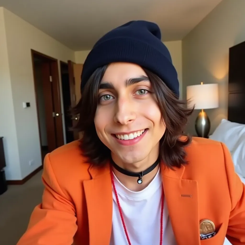 Aidan Gallagher  with navy long hair black choker with red cord black beanie white regatta orange blazer  making selfie with cellphone smiling showing teeth in hotel in Los Angeles sitting on bed