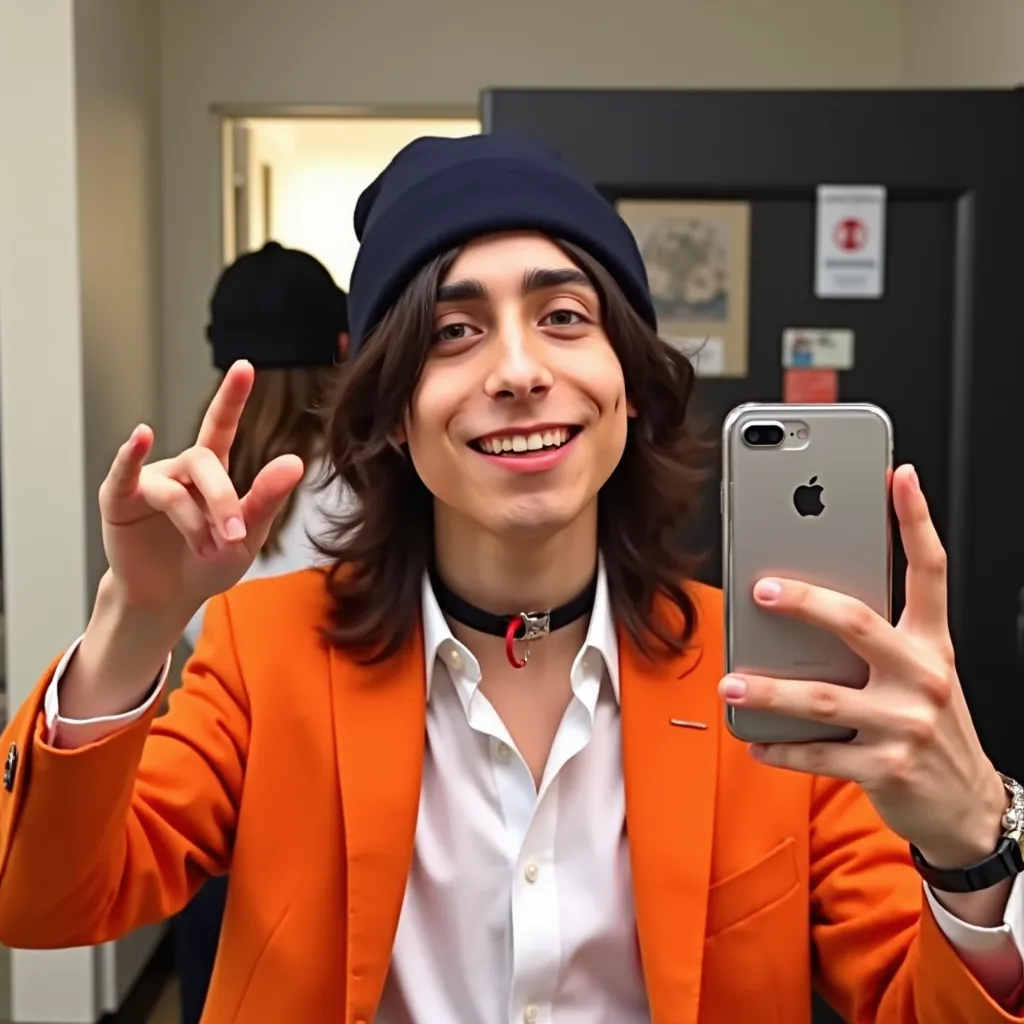 Aidan Gallagher  with navy long hair black choker with red cord black beanie white regatta orange blazer making selfie with cellphone smile showing teeth in hotel's bathroom in Los Angeles