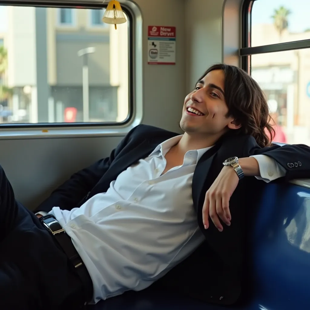 Aidan Gallagher  with navy long hair white sleeveless shirt black blazer sitting on chair in Subway in Los Angeles lying down smiling showing teeth in window