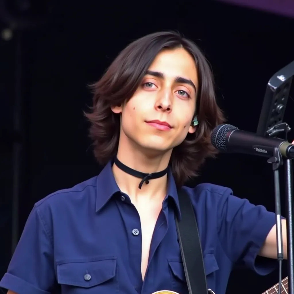Aidan Gallagher with navy long hair Blue shirt black cord black choker making selfie in Concert in Los Angeles