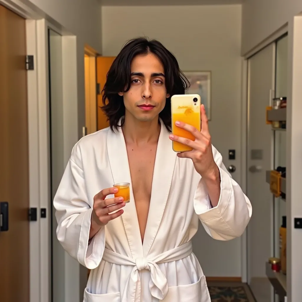 Aidan Gallagher with navy long hair white bathrob with orange Juice on your hand selfie on mirror with cellphone in hotel of Los Angeles