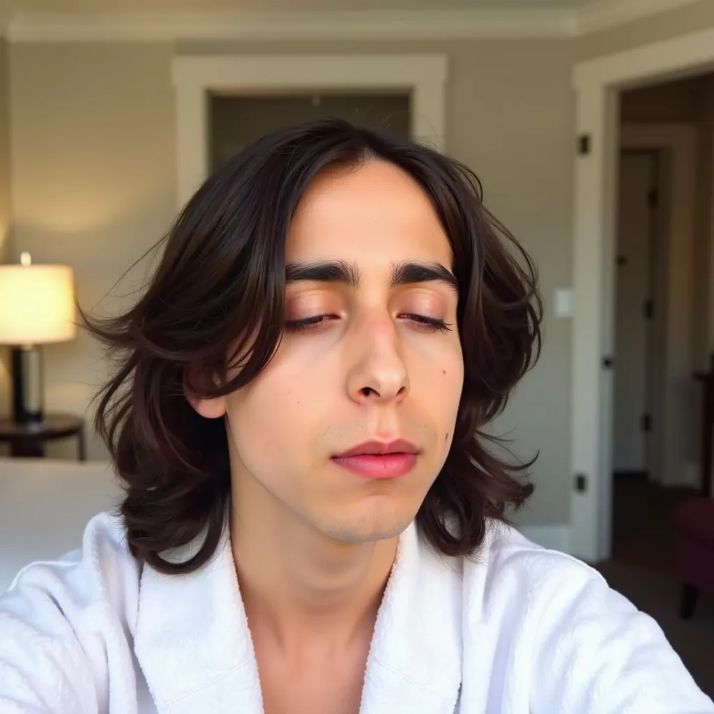 Aidan Gallagher with navy long hair white bathrob selfie with eyes closed and nozzle with lips in hotel in Los Angeles