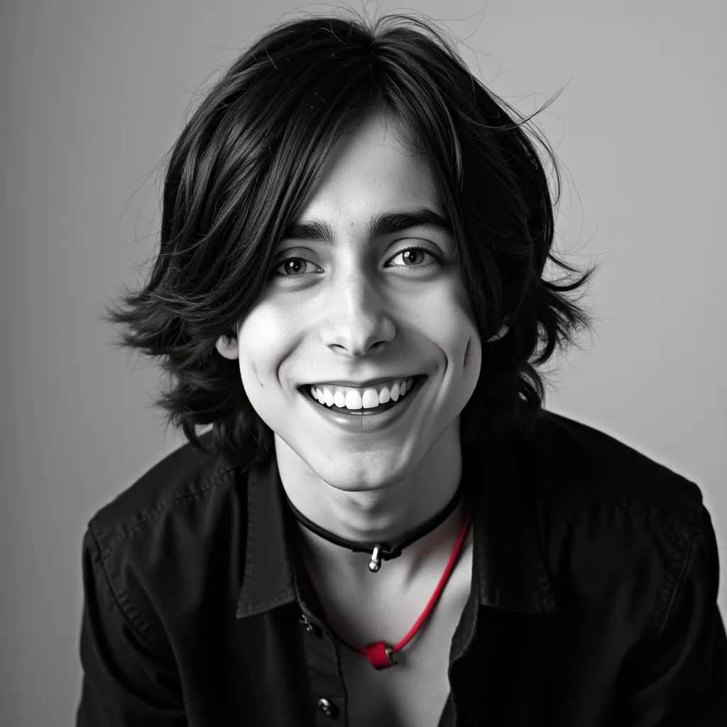Aidan Gallagher with navy long hair with black shirt black choker and red cord photo in black and white He appears smiling showing teeth and your hair wet