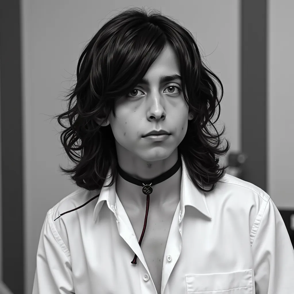Aidan Gallagher with navy long hair black choker red cord white shirt photo in black and white He appears all wet