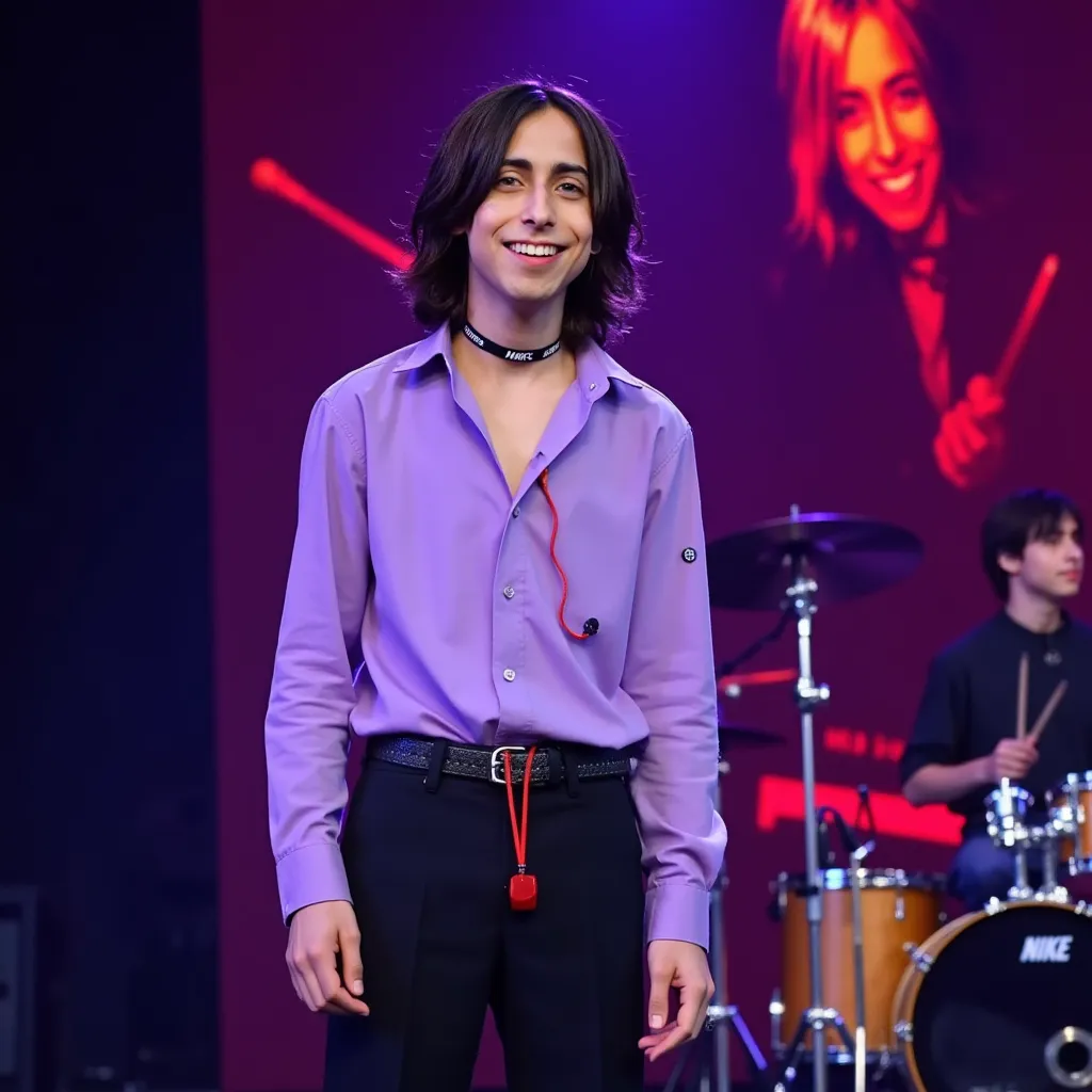 Aidan Gallagher  with navy long hair light purple shirt black choker and red cord black pants Nike shoes  in stage in Los Angeles He with one headset ear microphone He appears singing happy showing teeth