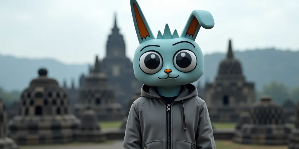 Azeroid is wearing a grey jacket, the character has black eyeballs, standing with Borobudur Temple in the background.