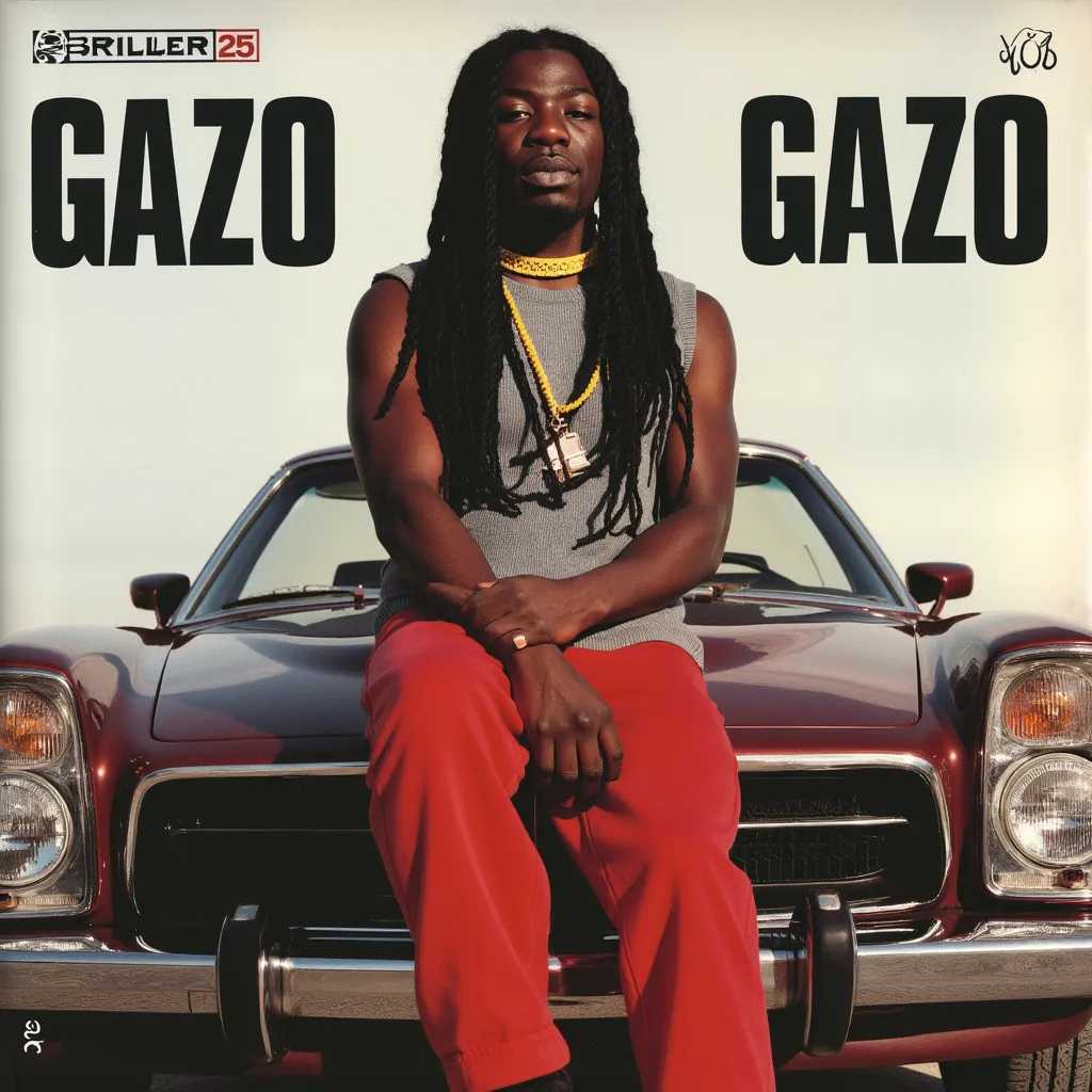 Gazo with with long, dark braided hair grey sleeveless shirt red pants black shoes black choker and yellow cord on your neck  supported on car in Album Cover written Briller and written Gazo in big letters