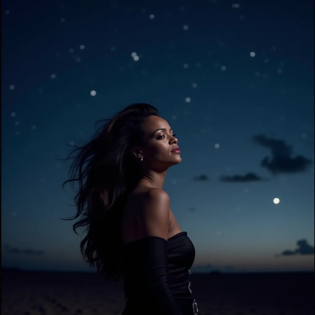 Rih Superstar, Rih Superstar,  Woman posing for a photograph, against a beautiful starry sky background with many stars,
