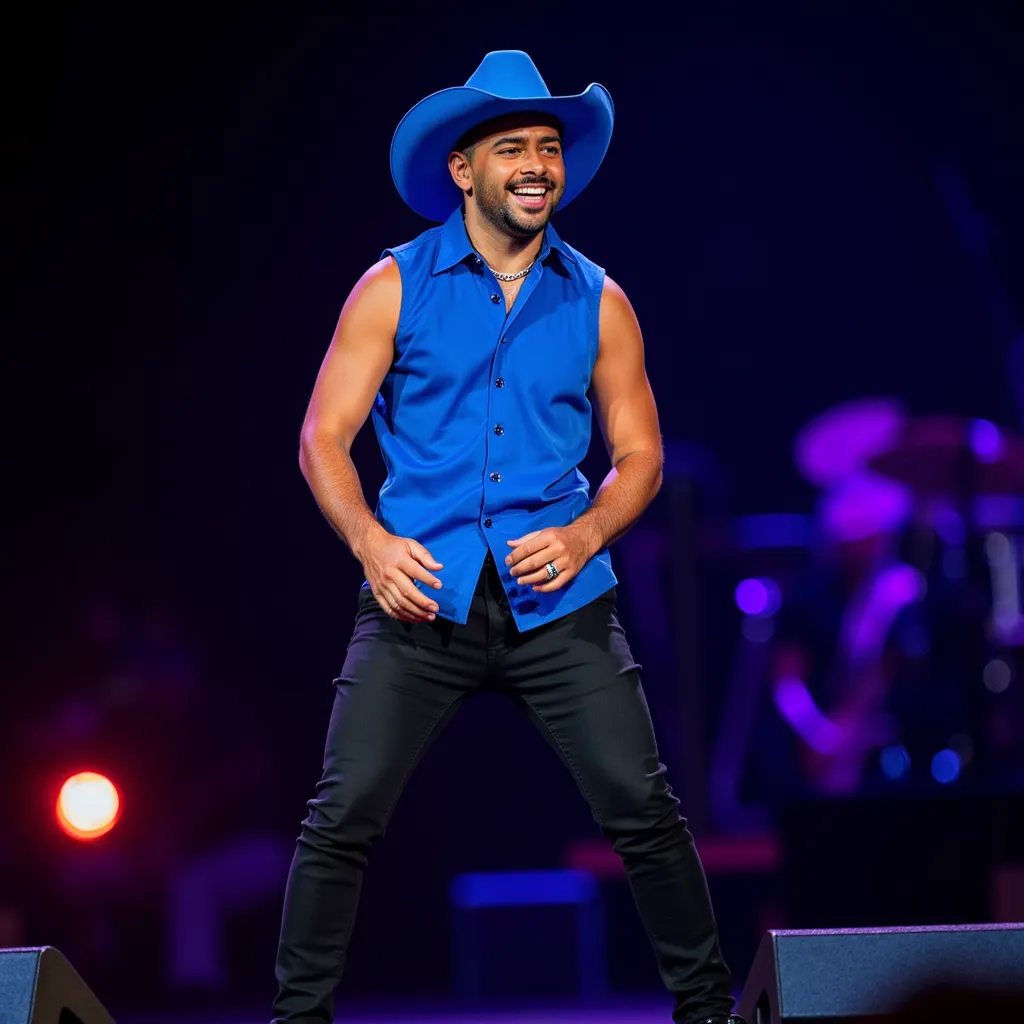 Pedro Sampaio with futuristic sleeveless blue shirt blue Cowboy hat black pants black shoes singing  happy  showing teeth camera focusing on Him in stage in Rio de Janeiro