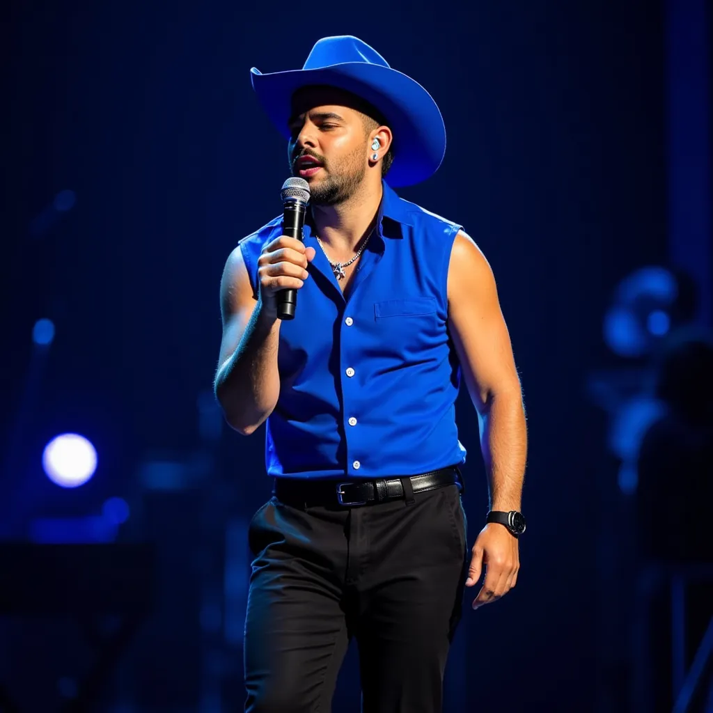 Pedro Sampaio with futuristic sleeveless blue shirt blue Cowboy hat black pants black shoes singing 
serious with closed eyes with microphone on hand  in stage in Rio de Janeiro