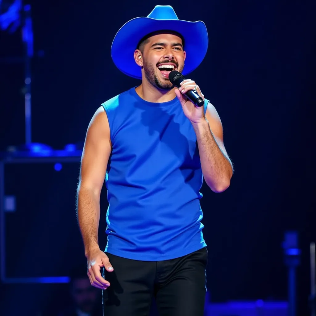 Pedro Sampaio with futuristic sleeveless blue shirt blue Cowboy hat black pants black shoes singing happy showing teeth with microphone on hand in stage in Rio de Janeiro