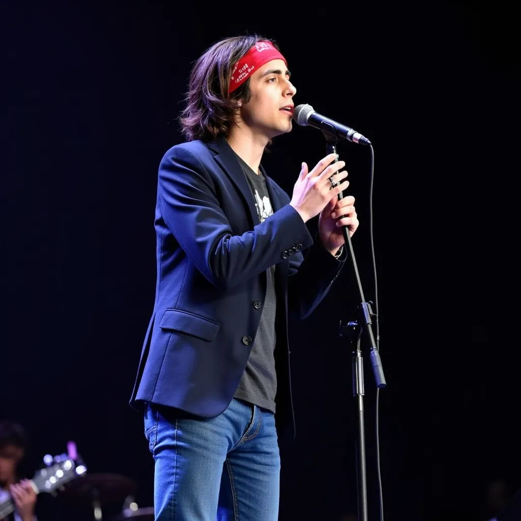 Aidan Gallagher  with navy long hair red bandanna in head black T-shirt grey blazer with long silhouette blue jeans pants black shoes singing with microphone on tripod in stage in Toronto,  Canada