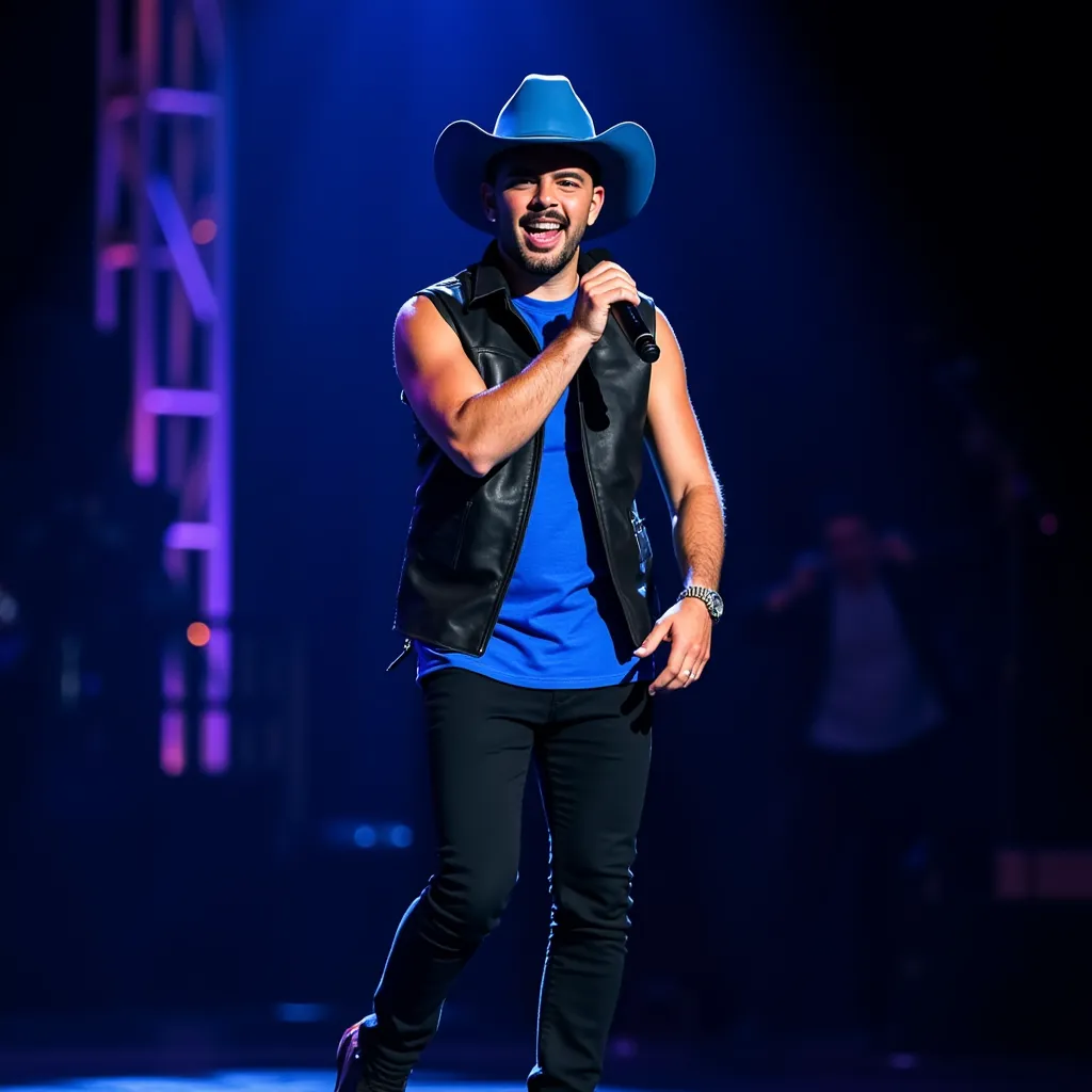 Pedro Sampaio with futuristic sleeveless blue shirt blue Cowboy hat sleeveless black jacket black shoes black pants singing happy showing teeth with microphone in stage in Manaus