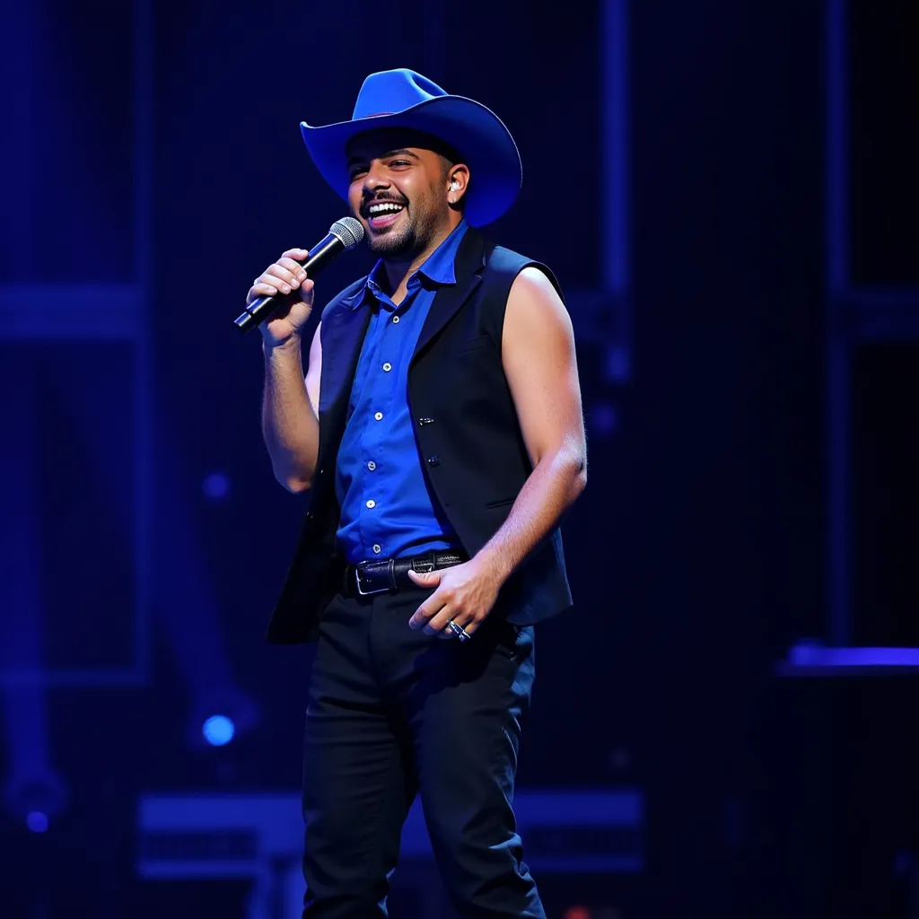 Pedro Sampaio with futuristic sleeveless blue shirt blue Cowboy hat sleeveless black jacket black shoes black pants singing happy showing teeth  camera in  your direction with microphone in stage in Manaus