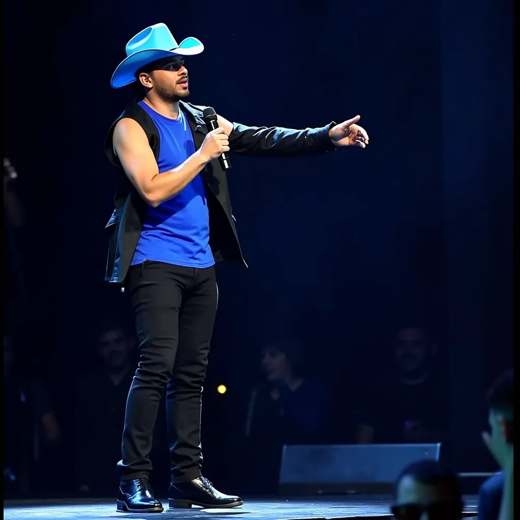 Pedro Sampaio with futuristic sleeveless blue shirt blue Cowboy hat sleeveless black jacket black shoes black pants singing with microphone in crowd's direction in stage in Manaus