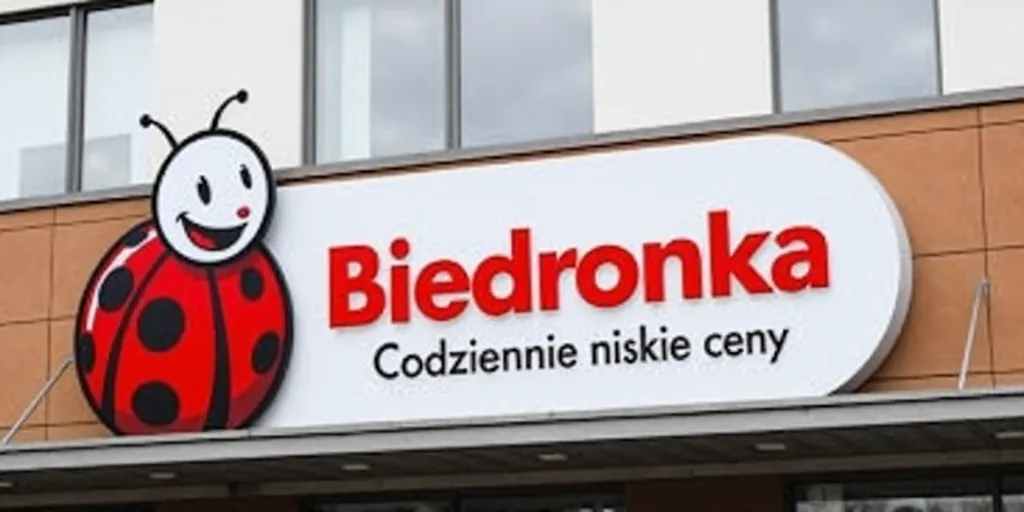 sign for Biedronka, a popular supermarket chain. The sign features a smiling cartoon ladybug and the text "Codziennie niskie ceny," which means "Everyday low prices." The sign is set against part of a building